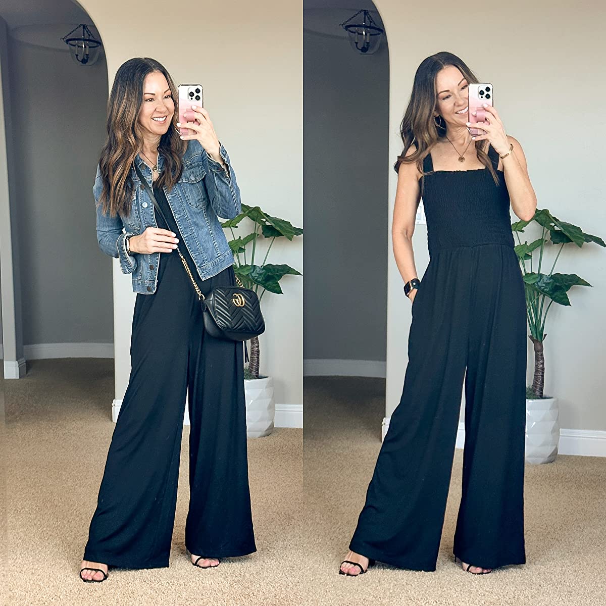 wide leg pant jumpsuit, spring fashion, spring outfit, jean jacket, top 10 fashion, amazon find, best selling 