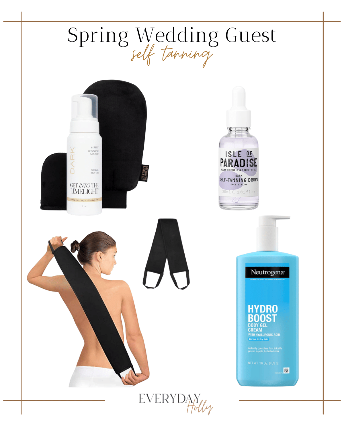 self tanning essentials, self tanner, isle of paradise drops, get into the limelight self tanner, self tanning kit, wedding guest essentials 
