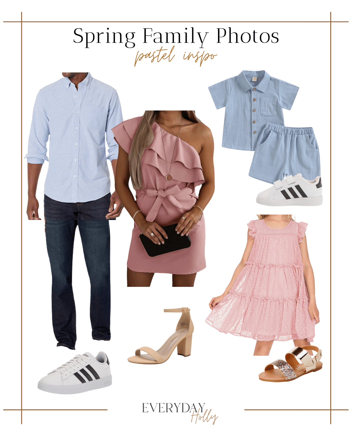 pastel outfit inspo, mens light blue button down, family photos, mens dark blue jeans, mens adidas sneakers, pink one shoulder dress, girls pink dress, tan strap heels, light blue boys outfit, boys sneakers 