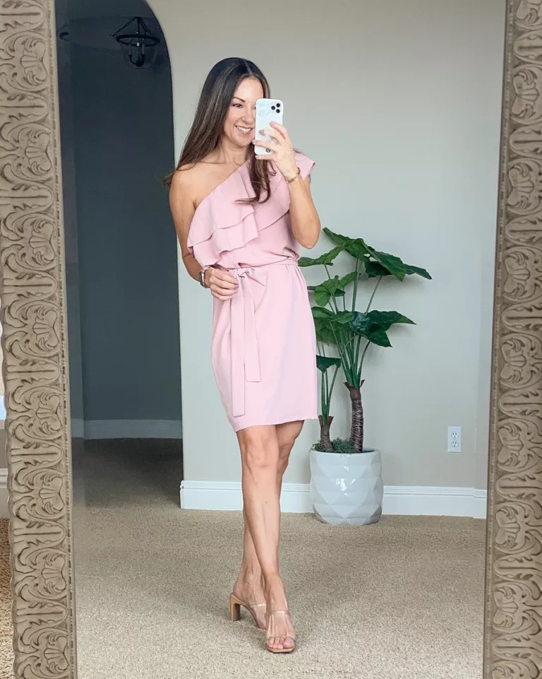 one shoulder pink dress, family photos, spring outfit, spring dress, clear strap heels, amazon fashion