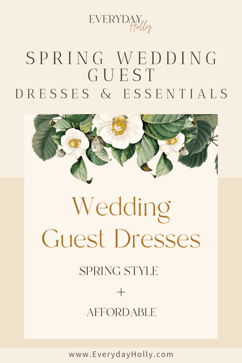 spring wedding guest dresses and essentials, pinterest graphic, blog image 