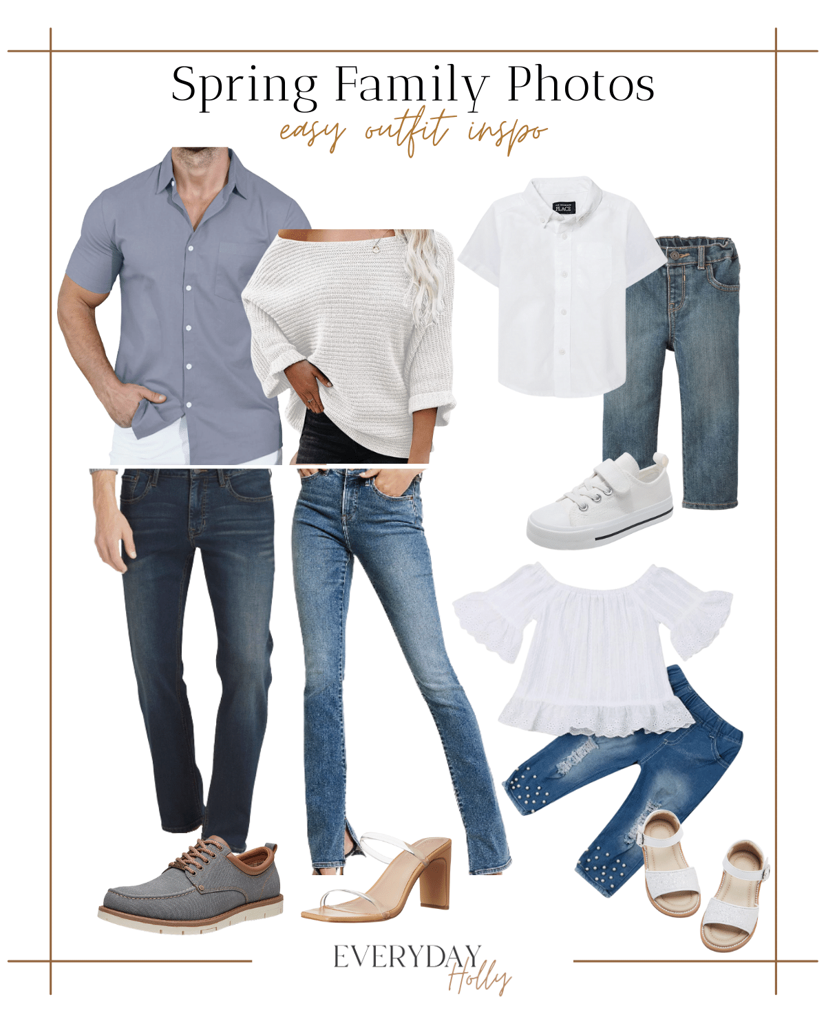 easy family photo outfit inspo, mens jean outfit, mens gray short sleeve button of, mens jeans, womens white sweaters, womens skyscraper jeans, clear strap heels, toddler boys white button up, boys jeans, boys sneakers, girls white to jean outfit, girls white sandals 