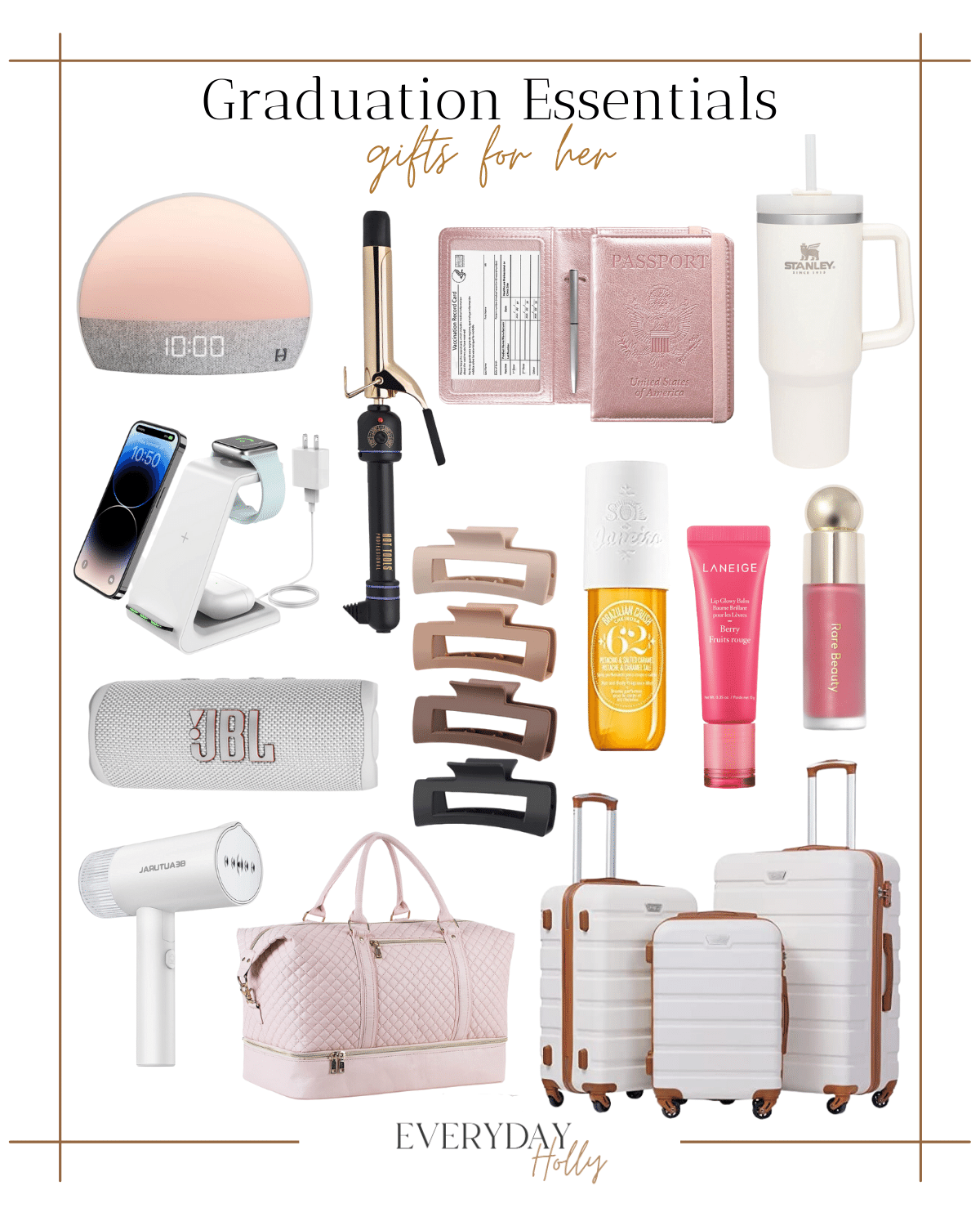 graduation essentials, gifts for her, hatch alarm clock, curling iron, multi charger, passport cover, stanley cup, speaker, hair clips, body mist, lip balm, blush, portable steamer, duffel bag, luggage, graduation, graduates 