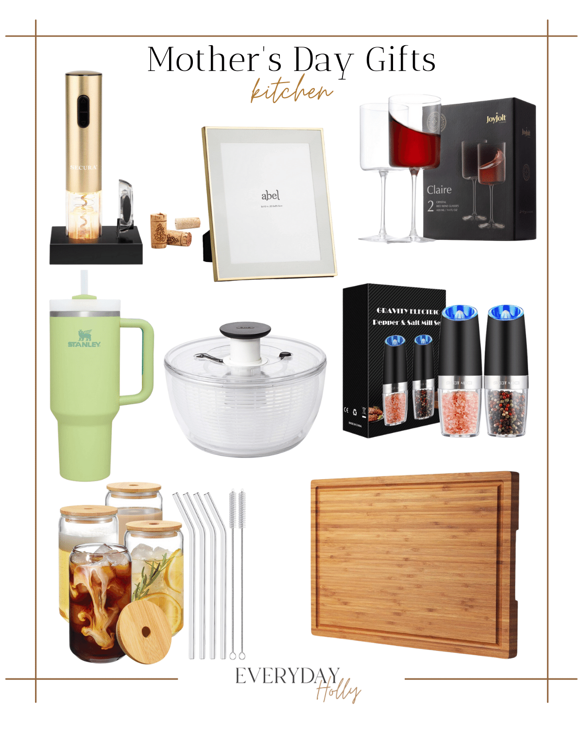 kitchen essentials, mother's day gifts, gift guide, affordable gifts for mom, wine opener, wine glasses, stanley cup, electric salt and pepper grinder, class cups, charcuterie board
