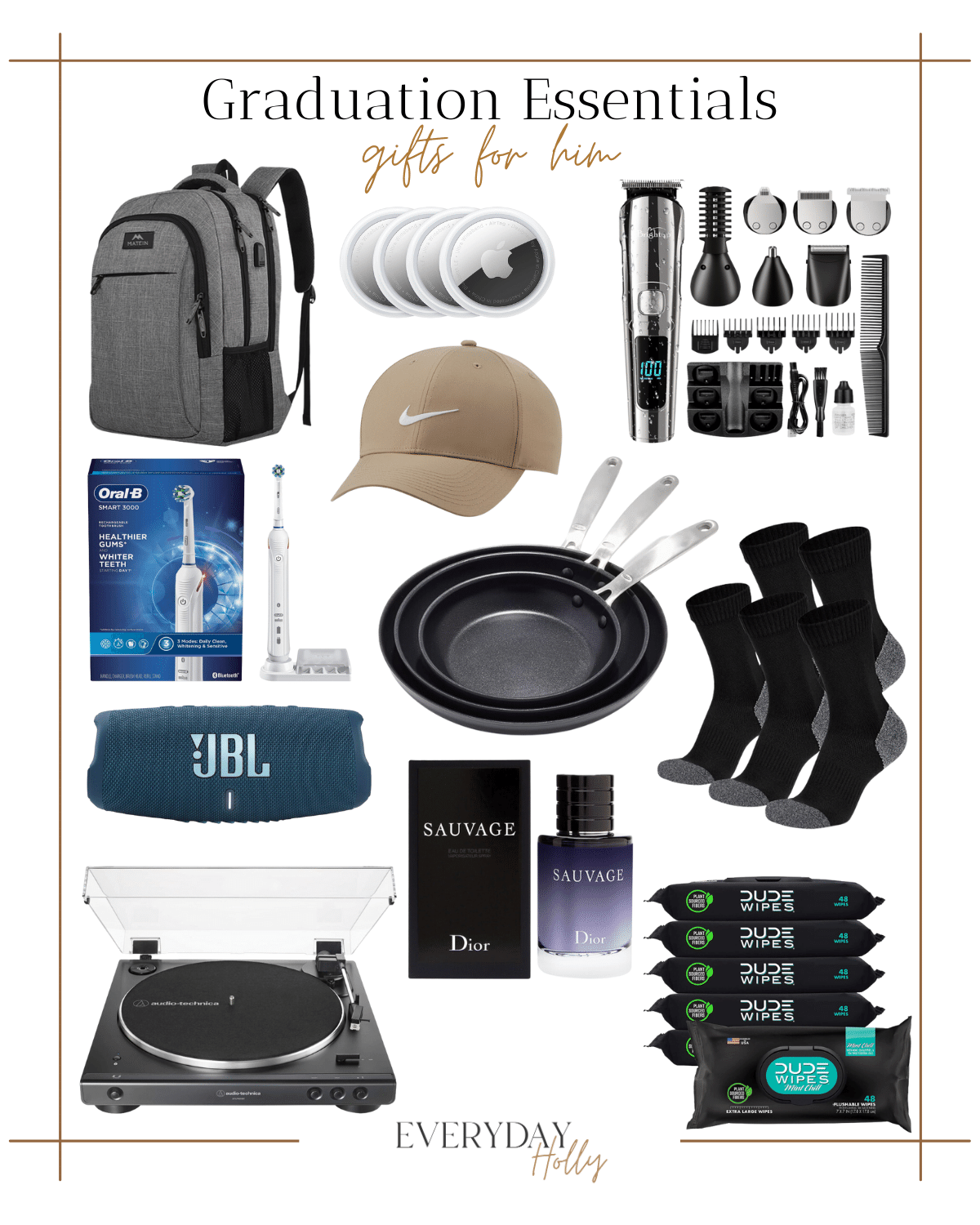 graduation essentials, graduation, graduates, gifts for him, grad gifts, backpack, beard trimmer, toothbrush, socks, speaker, hat, cookware, cologne, record player, dude wipes 