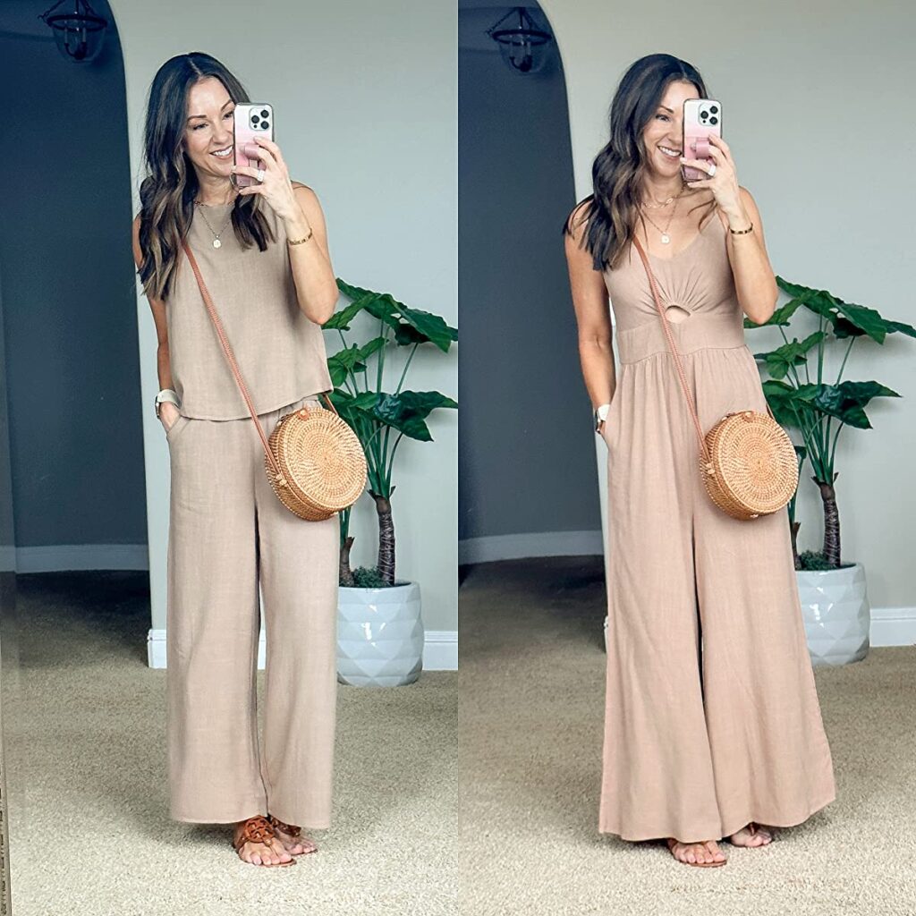 tan 2 piece set, wide leg jumpsuit, spring outfits, styled top sellers, spring and summer styles 