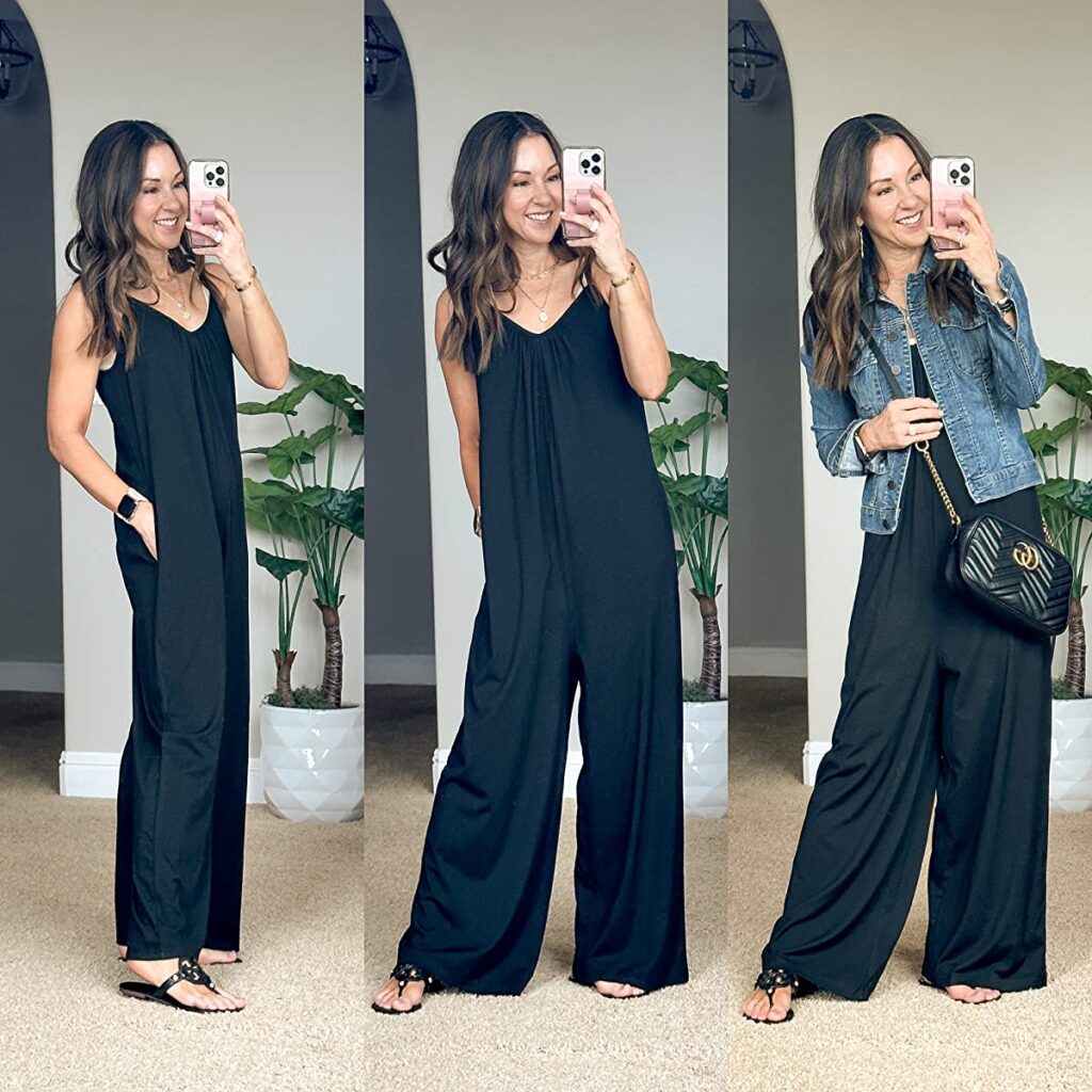 loose jumpsuit, spring style, amazon fashion, oversized jumpsuit, jean jacket, crossbody bag, summer styles