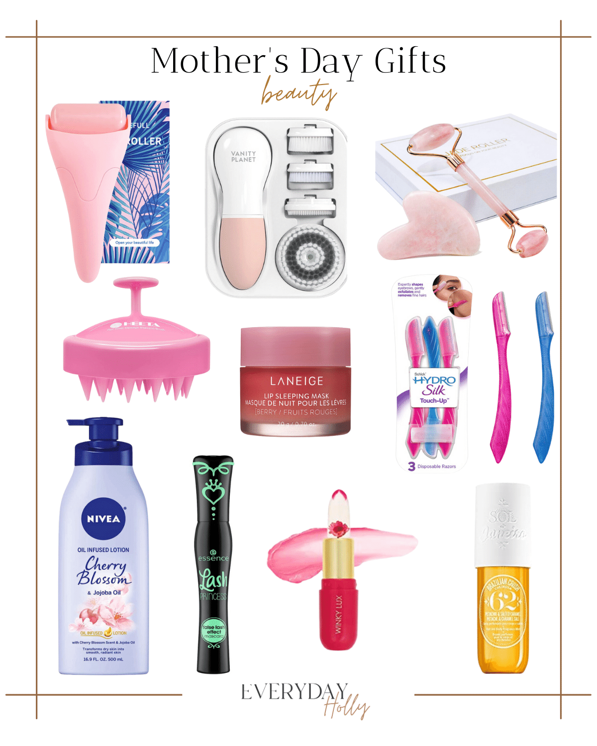 Mother's day gifts, beauty, ice roller, beauty essentials, lotion, lip mask, head scrubber, face cleansing brush, mascara, vitamin c serum, body spray 