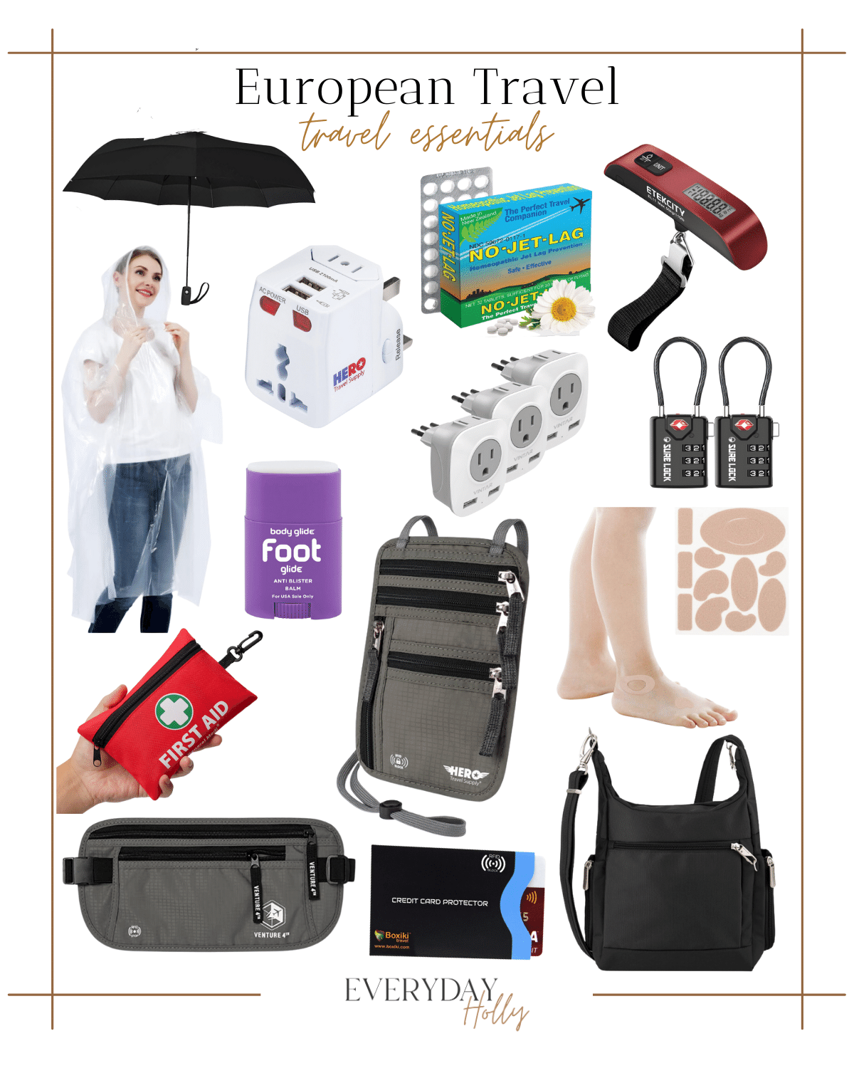 european vacation, traveling essentials, protective gear, protective luggage, traveling esentials, umbrella, outlets, locks, foot protectors, travel bag 