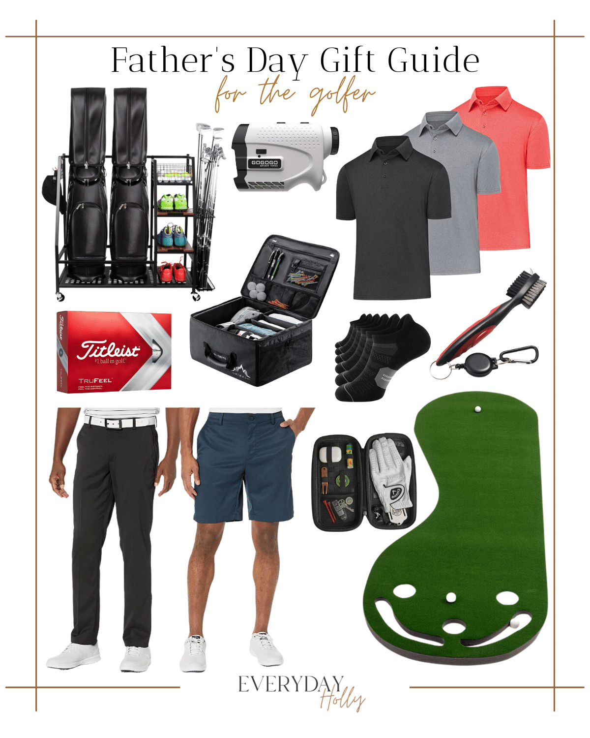 father's day gift guide, gifts for the golfer, golf essentials. golf storage, golf shirts, shorts, pants, mini golf, golf balls, storage, golf club scrubber 