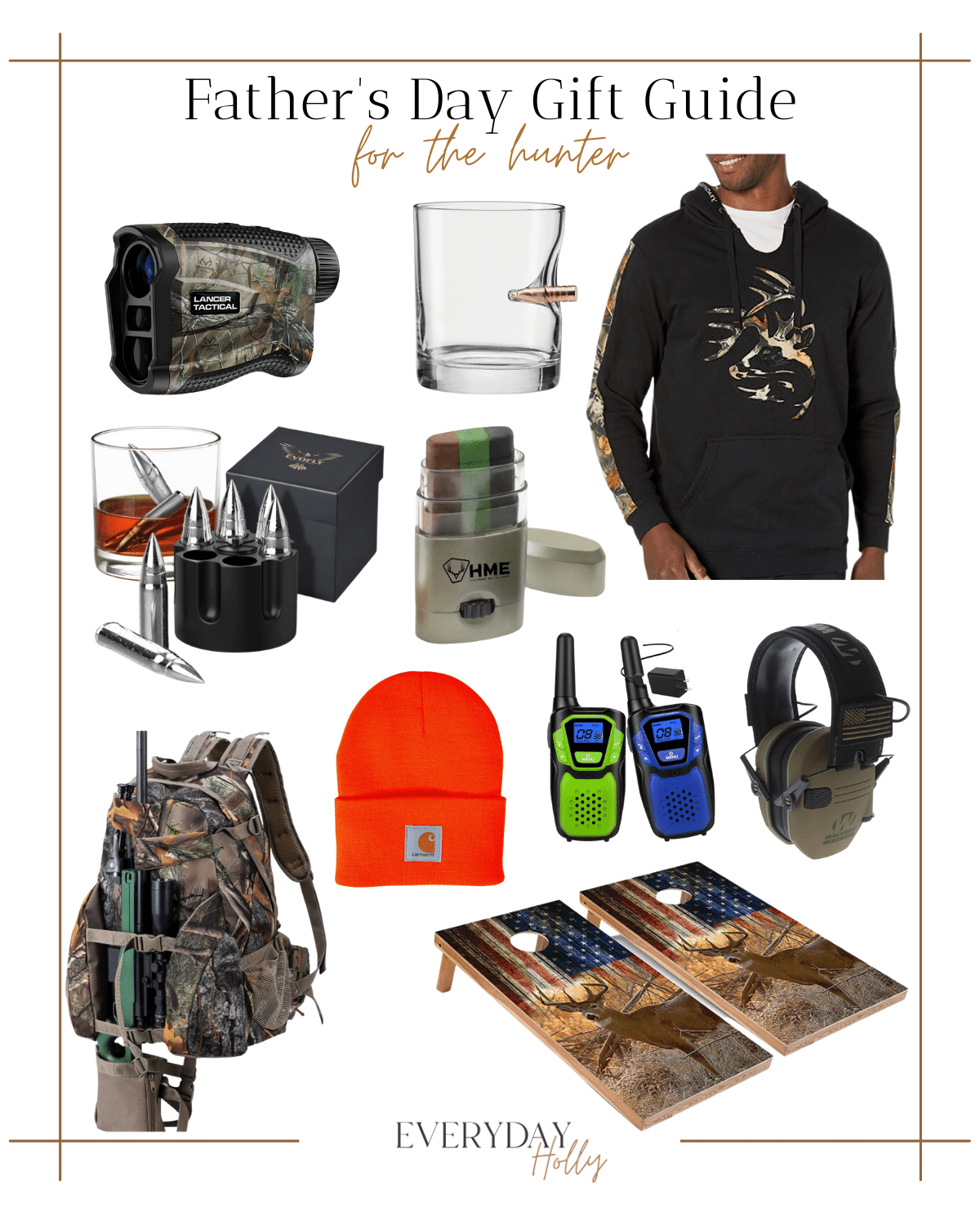 hunting gear, gifts for the hunter, father's day gifts, john deer camp jacket, bucket glass, camo face paint, camo backpack, walkie talkies, shooting ear protection, 