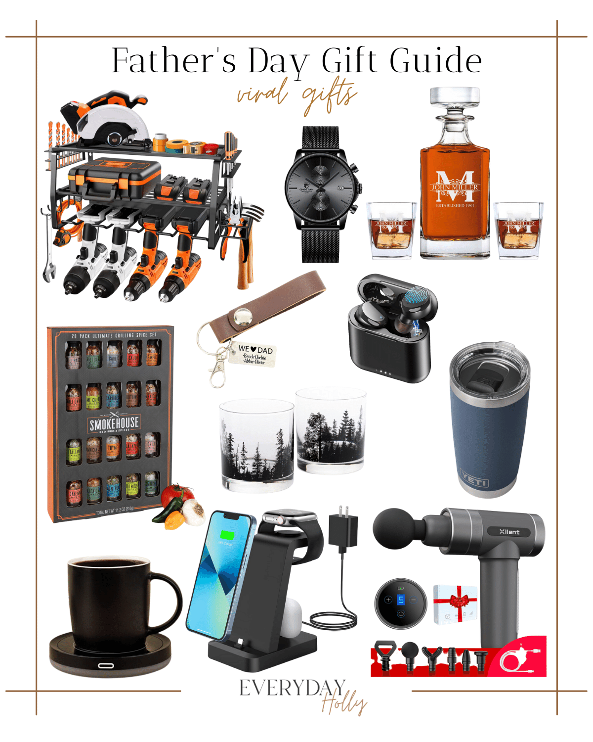 Tool Organizer, father's day gifts black watch, whiskey canister, keychain, spices rubs, earbuds, whiskey glasses, yeti tumbler, heated coffee warmer 