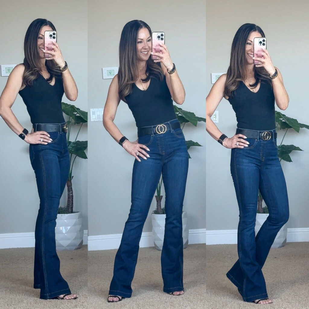 dark blue flare jeans, womens jeans, flare jeans, slim flare, slimming jeans, womens style, spanx, concert outfits, country concert outfits, flare style jeans 