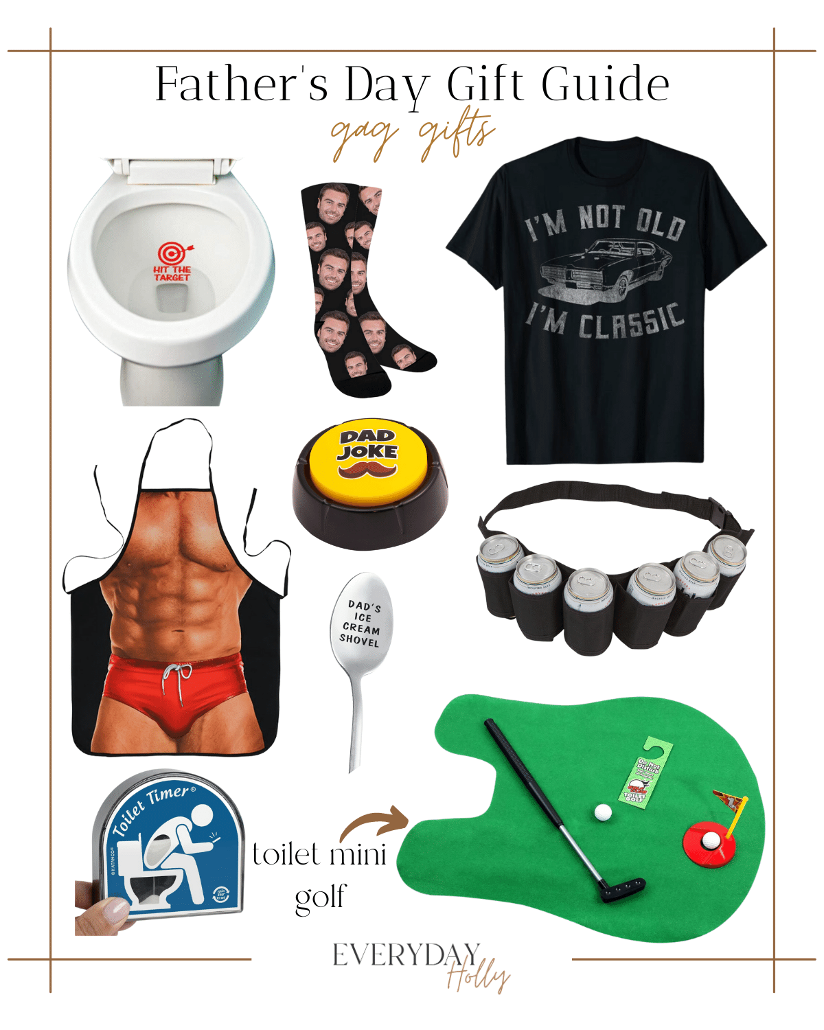 Father's day gift guide, hit the target aiming toilet game. gifts for dad, gag gift ideas, hot. body apron, beer belt, toilet mini golf, toilet timer 