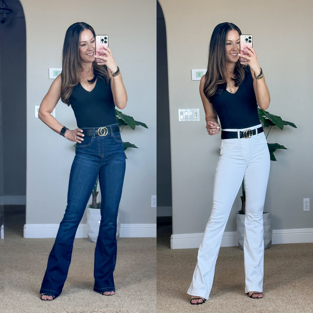 dark blue flare jeans, womens jeans, flare jeans, slim flare, slimming jeans, womens style, spanx, concert outfits, country concert outfits, flare style jeans, white flare jeans 