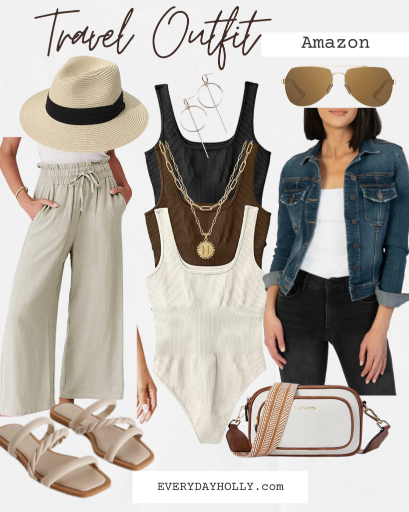 travel outfit, travel essentials, travel fashion, beach wear, jean jacket, bodysuit, sandals, crossbody bag, beach hat. necklace 