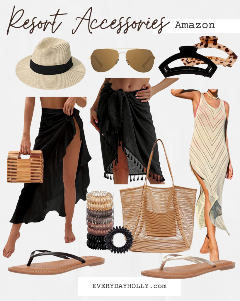 summer vacation fashion, coverups, flip flops, beach bag, sunglasses 