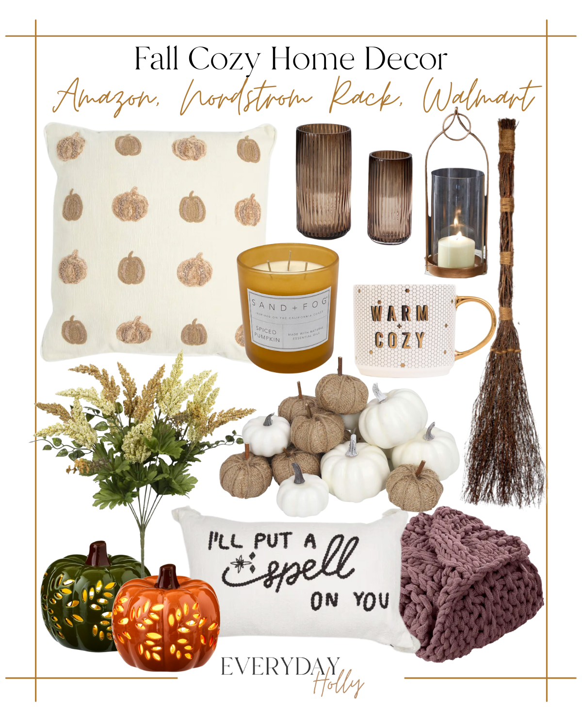 Fall Cozy Home Decor | #pumpkin #pillow #vase #broom #candle #mug #floral #lighting #lanterns #blanket #best #fall #homedecor