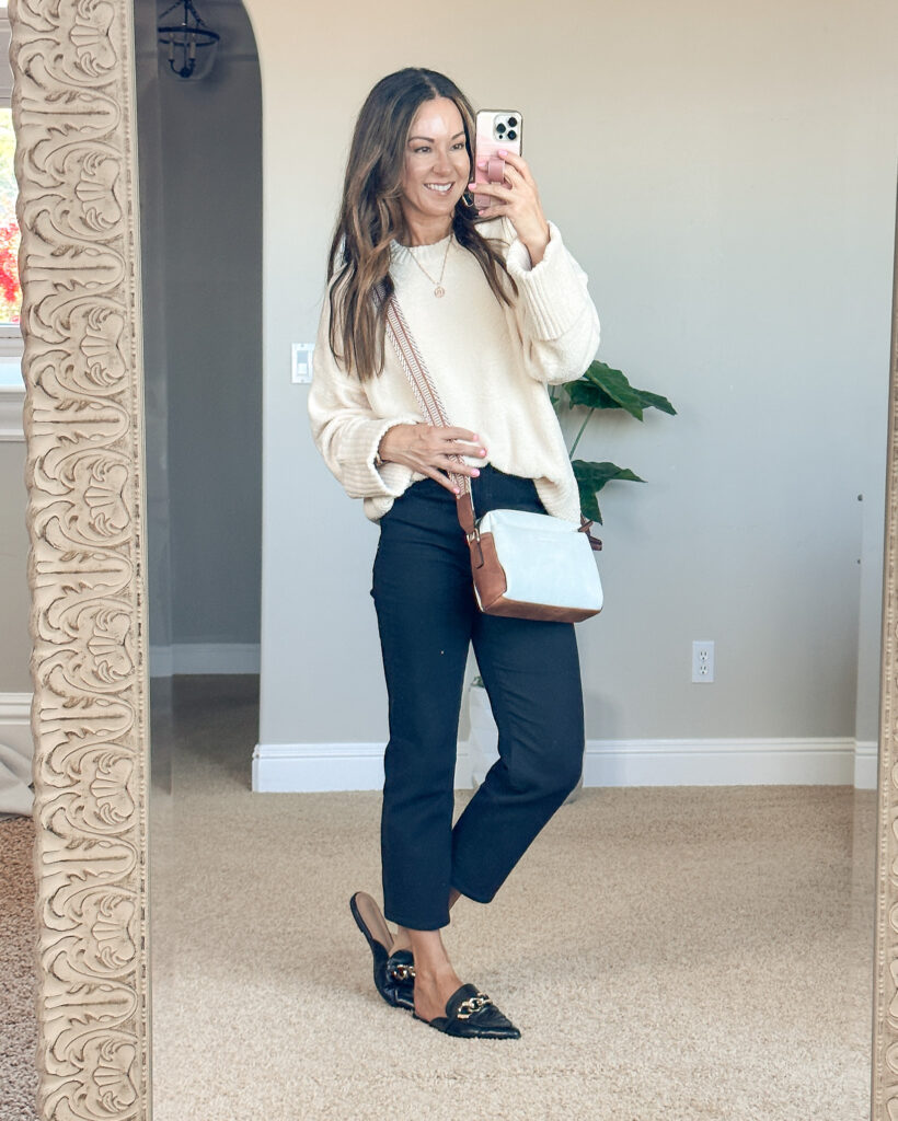 Cute Early Fall Fashion | #sweater #highwaisted #purse #mules #workwear #fallfashion #selfie