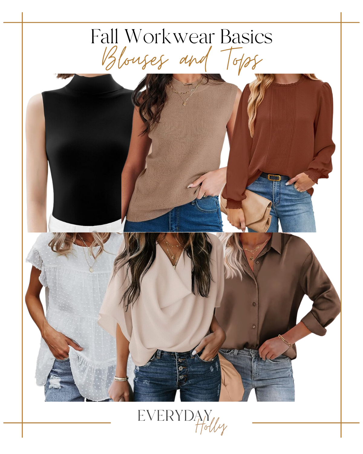 fall workwear basics | #fall #fashion #workwear #basics #neutral #autumn #sleeveless #sweater #vest #blouse #top #tunic #chiffon #silk #satin #buttondown