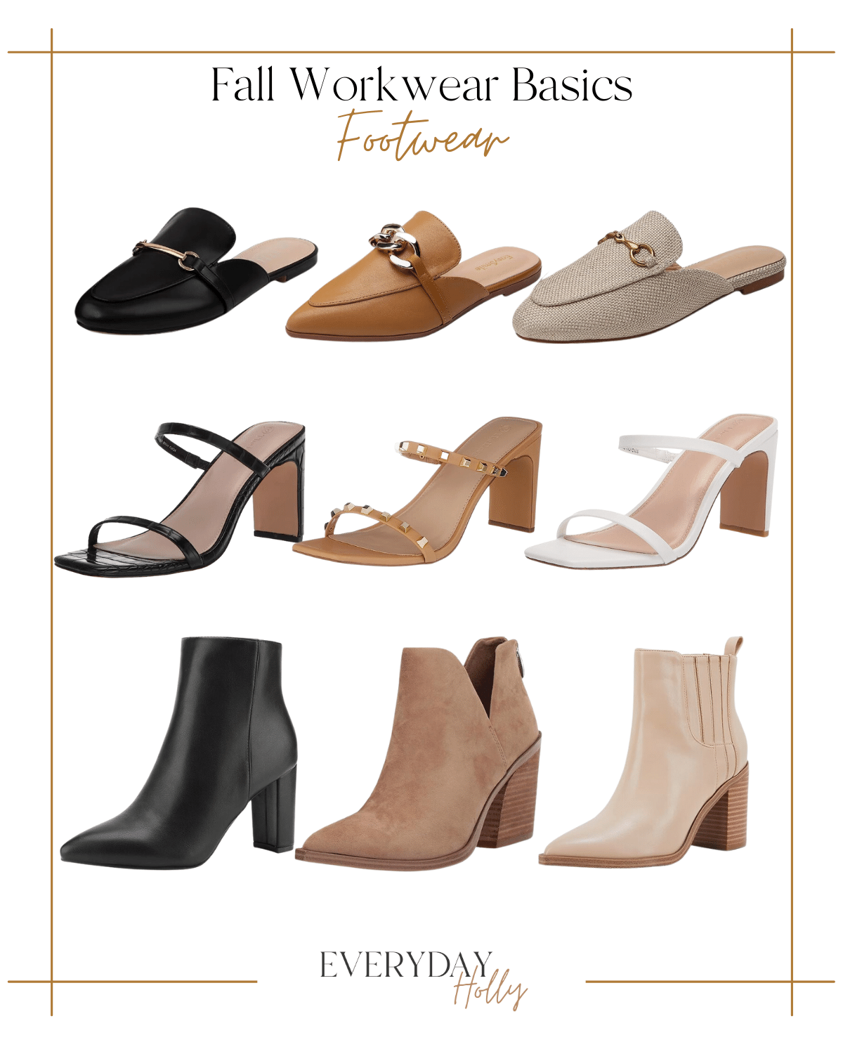 fall workwear basics | #fall #fashion #workwear #basics #neutral #autumn #mules #buckle #backless #squaretoe #pointytoe #heel #twostrap #booties #ankleboots #chunkyheel