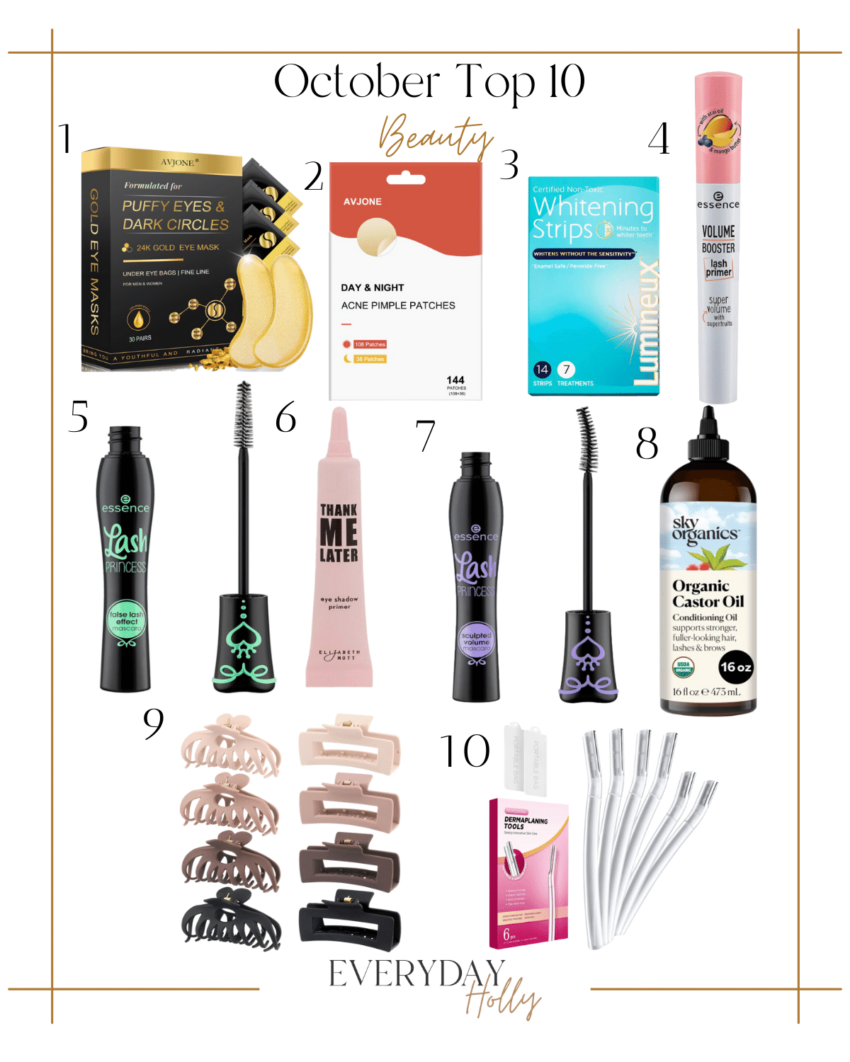 top 10 hottest best sellers from october | #top10 #bestseller #october #eyemask #skincare #selfcare #beauty #pimplepatch #teethwhitening #lashes #primer #castoroil #clawclip #hair