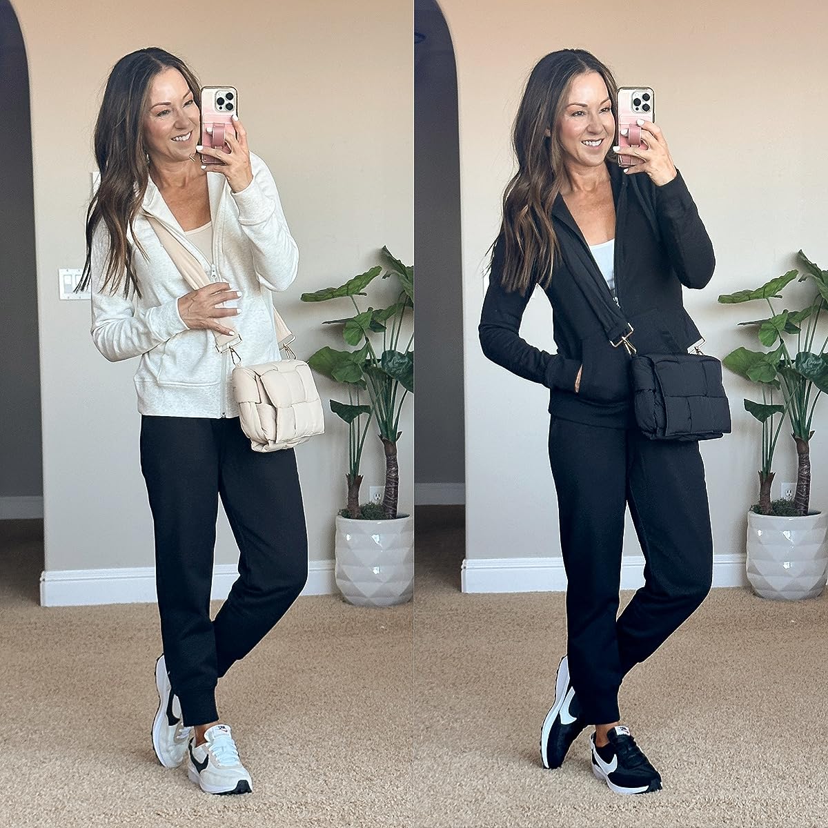trendy and comfy athleisure styles that you need | #trendy #comfy #athleisure #black #white #neutral #hoodie #jacket #zipup #purse #sneakers #joggers