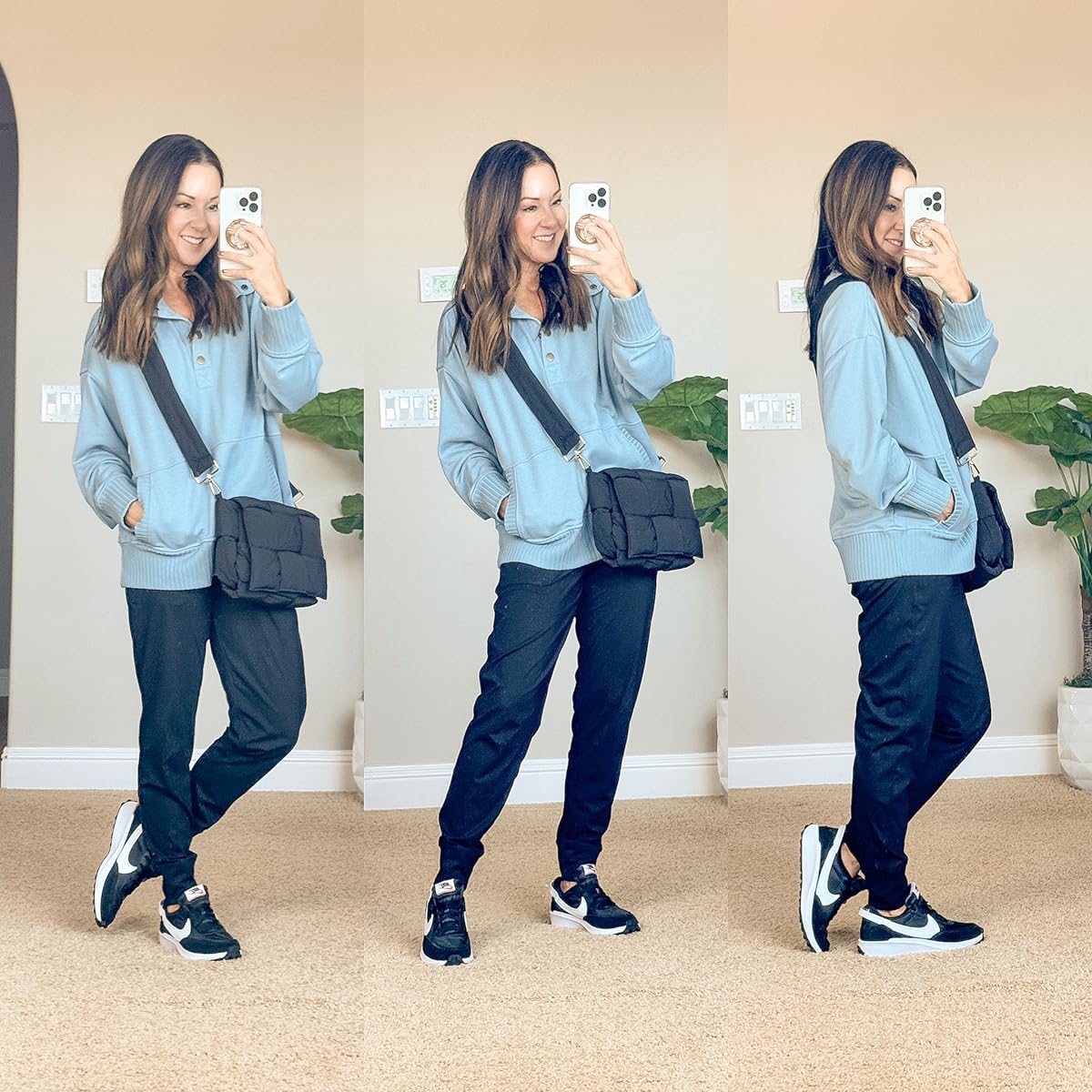trendy and comfy athleisure styles that you need | #trendy #comfy #athleisure #blue #henley #pullover #sweatshirt #sneakers #joggers #purse