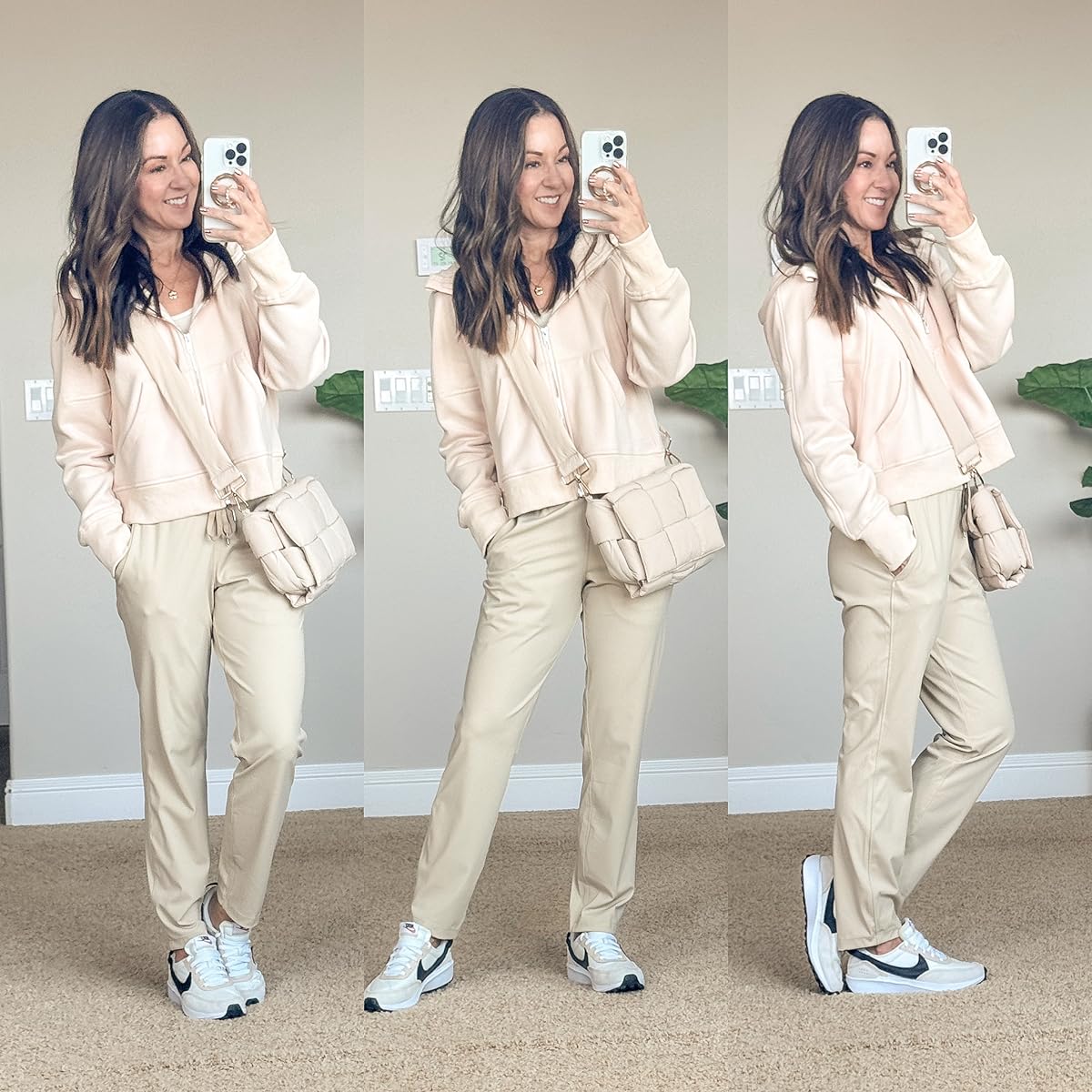 trendy and comfy athleisure styles that you need | #trendy #comfy #athleisure #neutral #matching #zipup #joggers #anklepants #sweatpants #sneakers #purse