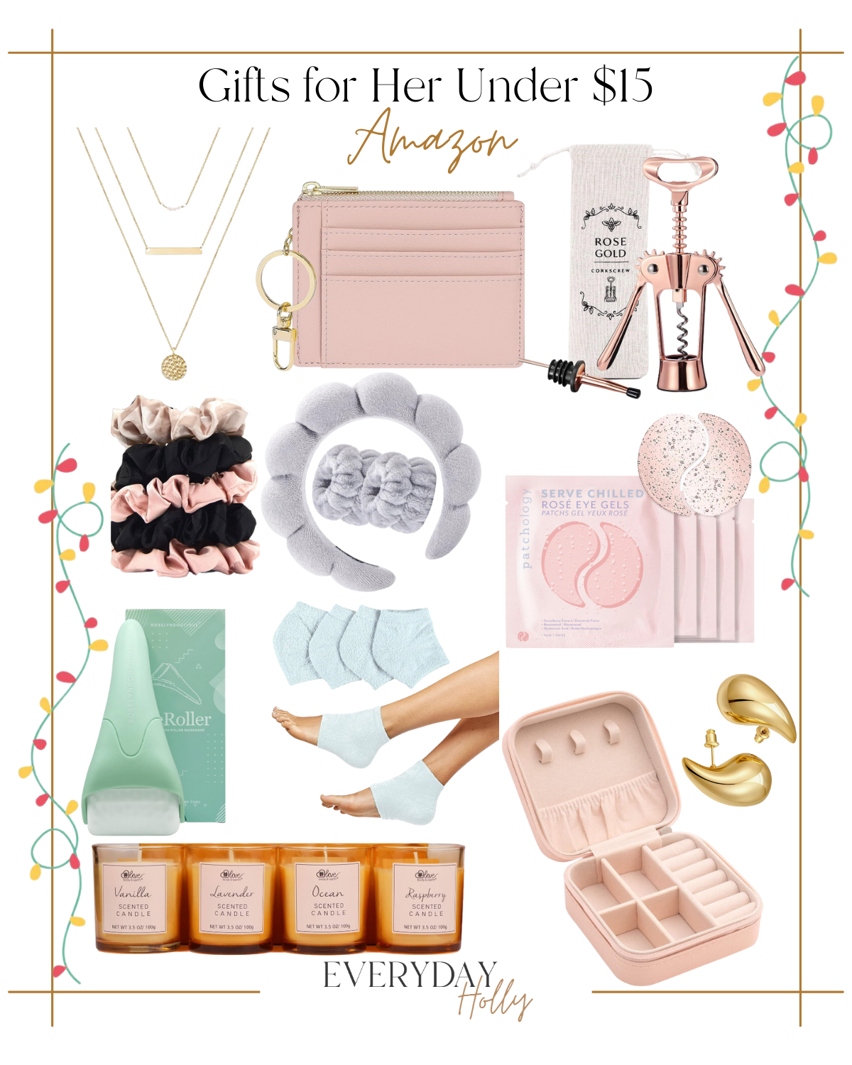 10 Holiday Gift Guides for Everyone This Season | #holiday #giftguide #giftideas #2023 #christmas #gifts #amazon #giftsunder$15 #jewelry #wallet #wineopener #iceroller #beauty #skincare #beauty #scrunchies #satin #earrings #candle #travel