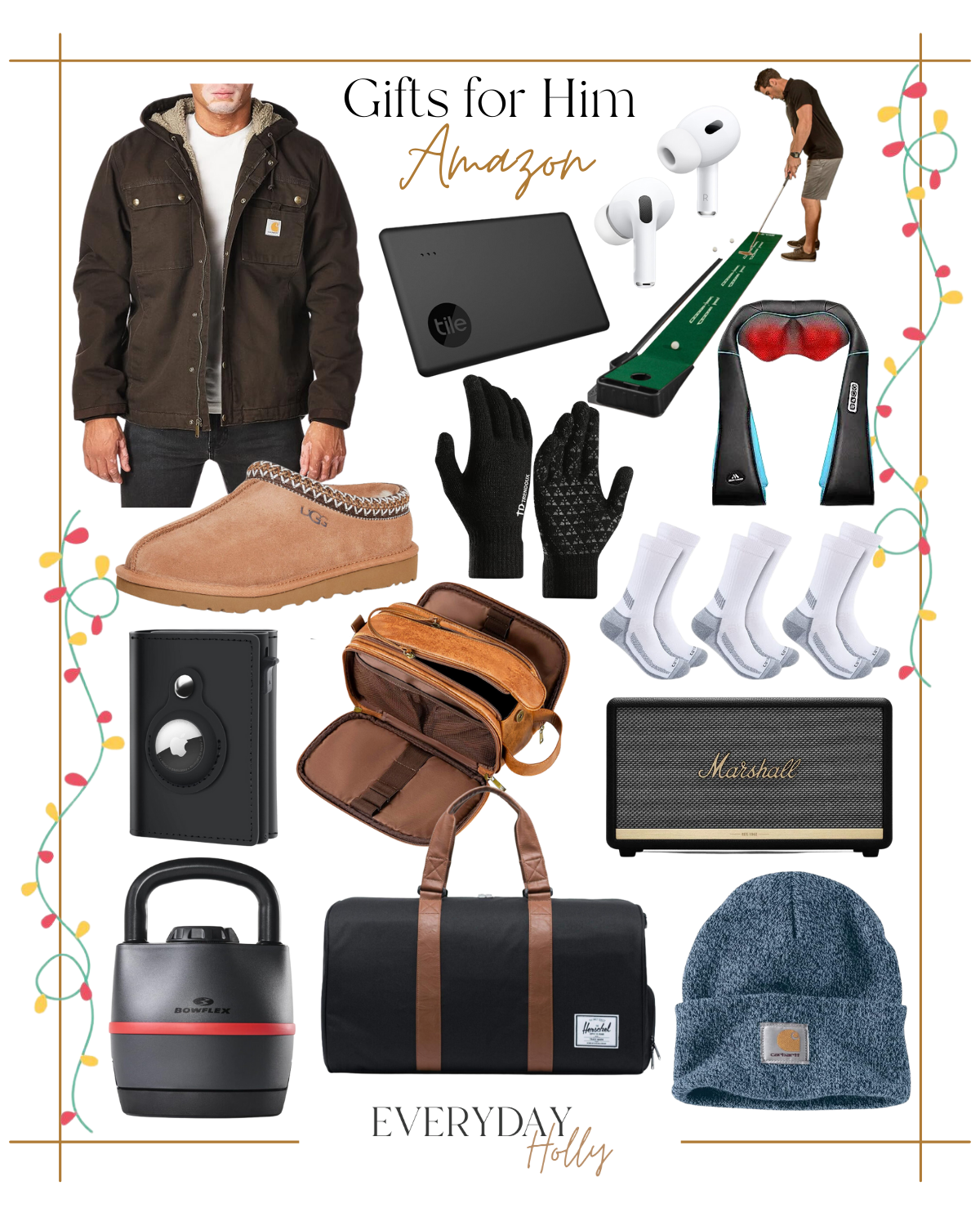 10 Holiday Gift Guides for Everyone This Season | #holiday #giftguide #giftideas #2023 #christmas #gifts #amazon #giftsforhim #travel #toiletry #golf #slippers #gloves #winter #airtag #wallet #speaker #beanie #exercise