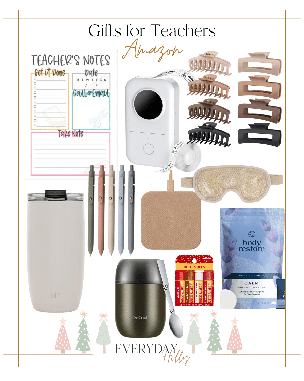 10 Holiday Gift Guides for Everyone This Season | #holiday #giftguide #giftideas #2023 #christmas #gifts #amazon #giftsforteachers #teacher #notepad #minilabelmaker #clawclip #hairaccessories #pens #travelmug #thermos #chargingpad #eyemask #showersteamers #burtsbees