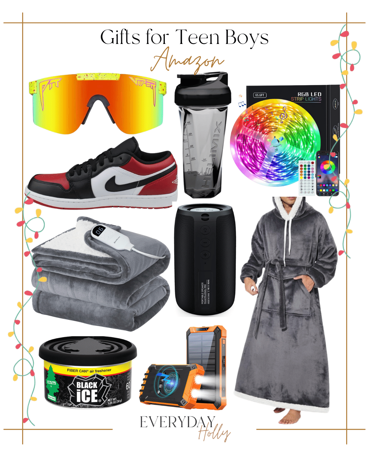 10 Holiday Gift Guides for Everyone This Season | #holiday #giftguide #giftideas #2023 #christmas #gifts #amazon #giftforteenboys #sunglasses #blenderbottle #LEDlights #heatedblanket #sneakers #speaker #carfreshener #powerbank #sherpa