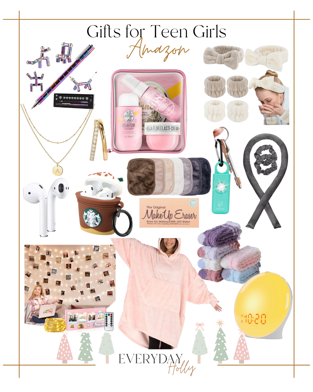 10 Holiday Gift Guides for Everyone This Season | #holiday #giftguide #giftideas #2023 #christmas #gifts #amazon #giftsforteengirls #giftsfortween #necklace #earring #beauty #makeup #spa #airpods #heatlesscurlers #fuzzysocks #alarmclock
