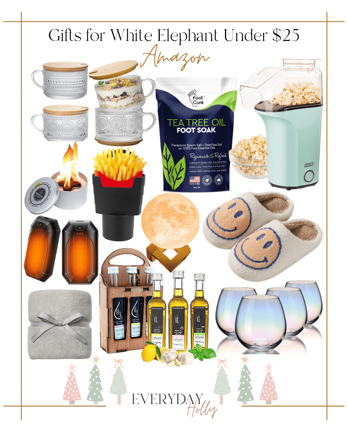 10 Holiday Gift Guides for Everyone This Season | #holiday #giftguide #giftideas #2023 #christmas #gifts #amazon #whiteelephant #giftsunder$25 #glass #teatree #popcornmaker #portablecampfire #fryholder #moonlamp #slippers #handwarmer #oliveoil #microfiber #wineglass