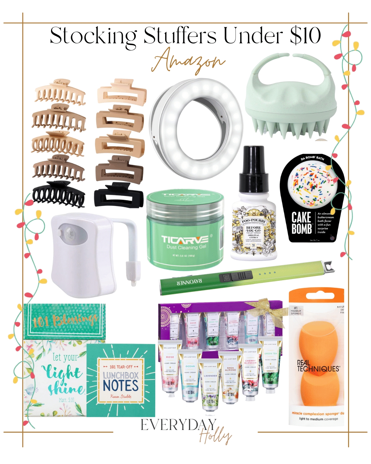 10 Holiday Gift Guides for Everyone This Season | #holiday #giftguide #giftideas #2023 #christmas #gifts #amazon #stockingstuffers #under$10 #clawclips #hairaccessories #ringlight #scalpmassager #toiletnightlight #cleaning #bathbomb #bathroomspray #lotionkit #beautyblender