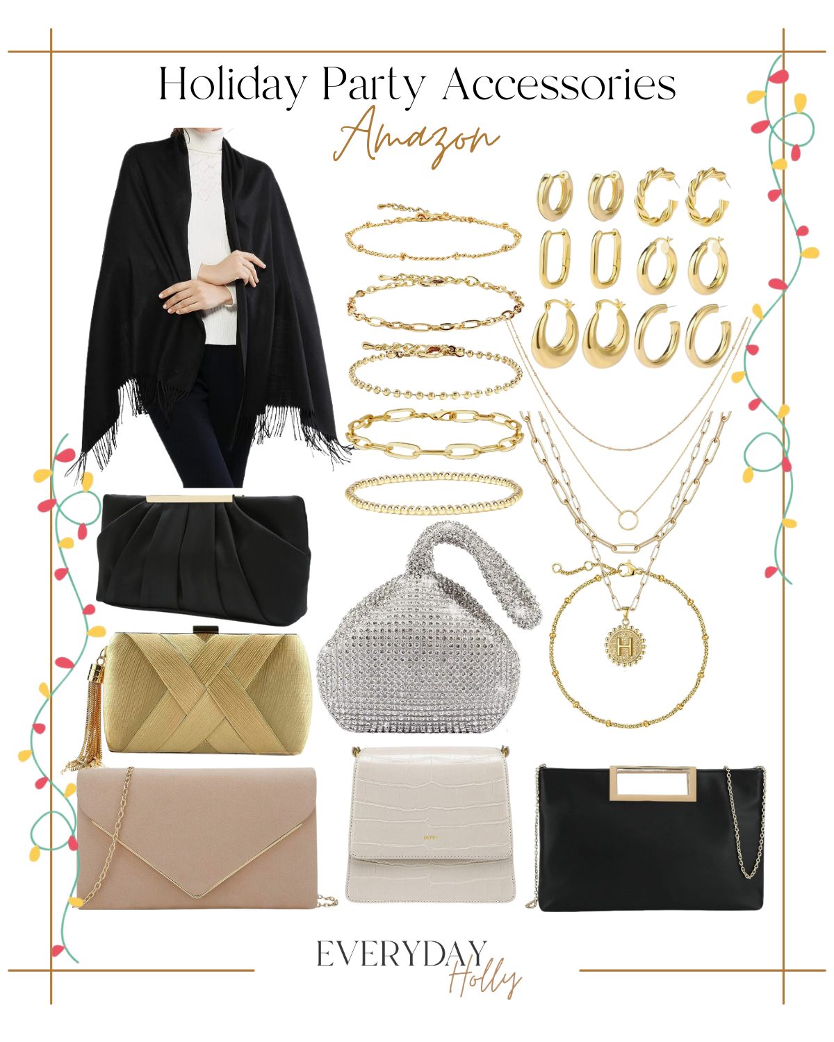 best holiday party styles + host gift ideas | #holiday #holidayparty #shawl #pashmina #goldjewelry #bracelet #earrings #purse #clutch #handbag