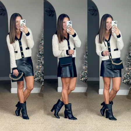 best holiday party styles + host gift ideas | #holiday #holidayparty #holidaypartydress #holidaypartystyle #cardigan #sweater #skort #fauxleather #booties #purse #neutral #christmas #christmasparty