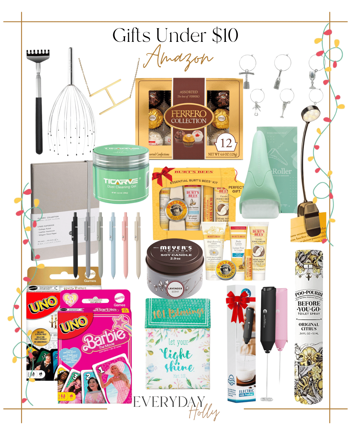 99 last minute gifts under $99 | #last #minute #gifts #giftideas #giftsunder99 #under99 #under10 #stockingstuffer #massage #iceroller #chocolate #booklight #pens #journal #burtsbees #candle #uno #barbie