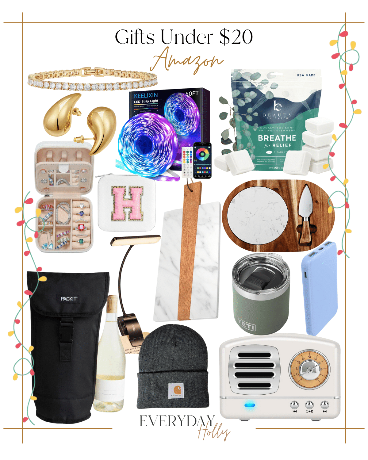 99 last minute gifts under $99 | #last #minute #gifts #giftideas #giftsunder99 #under99 #under20 #jewelry #earring #shower #steamers #LEDlight #charger #cheeseboard #wine #initial #jewelrycase #yeti #mug #speaker #beanie #winter