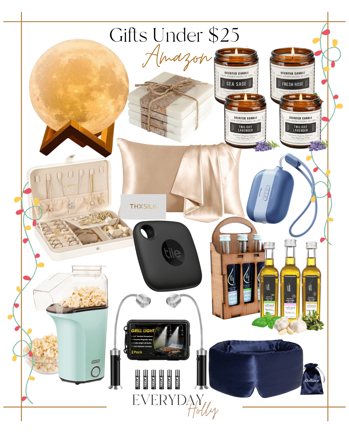 99 last minute gifts under $99 | #last #minute #gifts #giftideas #giftsunder99 #under99 #giftsunder25 #under25 #moonlamp #candle #handwarmer #silk #pillowcase #mask #oliveoil #jewelry #popcorn #tile #grilllight #coaster