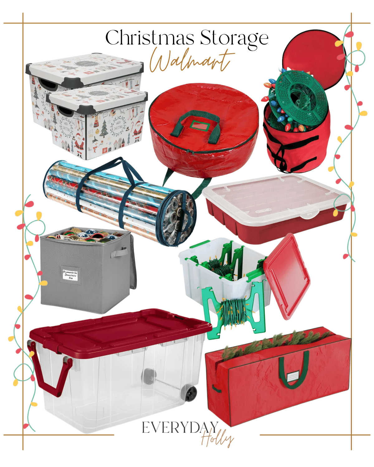 wrap up christmas quality storage and organization | #wrapup #christmas #storage #organization #holidays #tote #box #wreath #christmastree #christmaslights #lights #wrappingpaper #tote #wheels