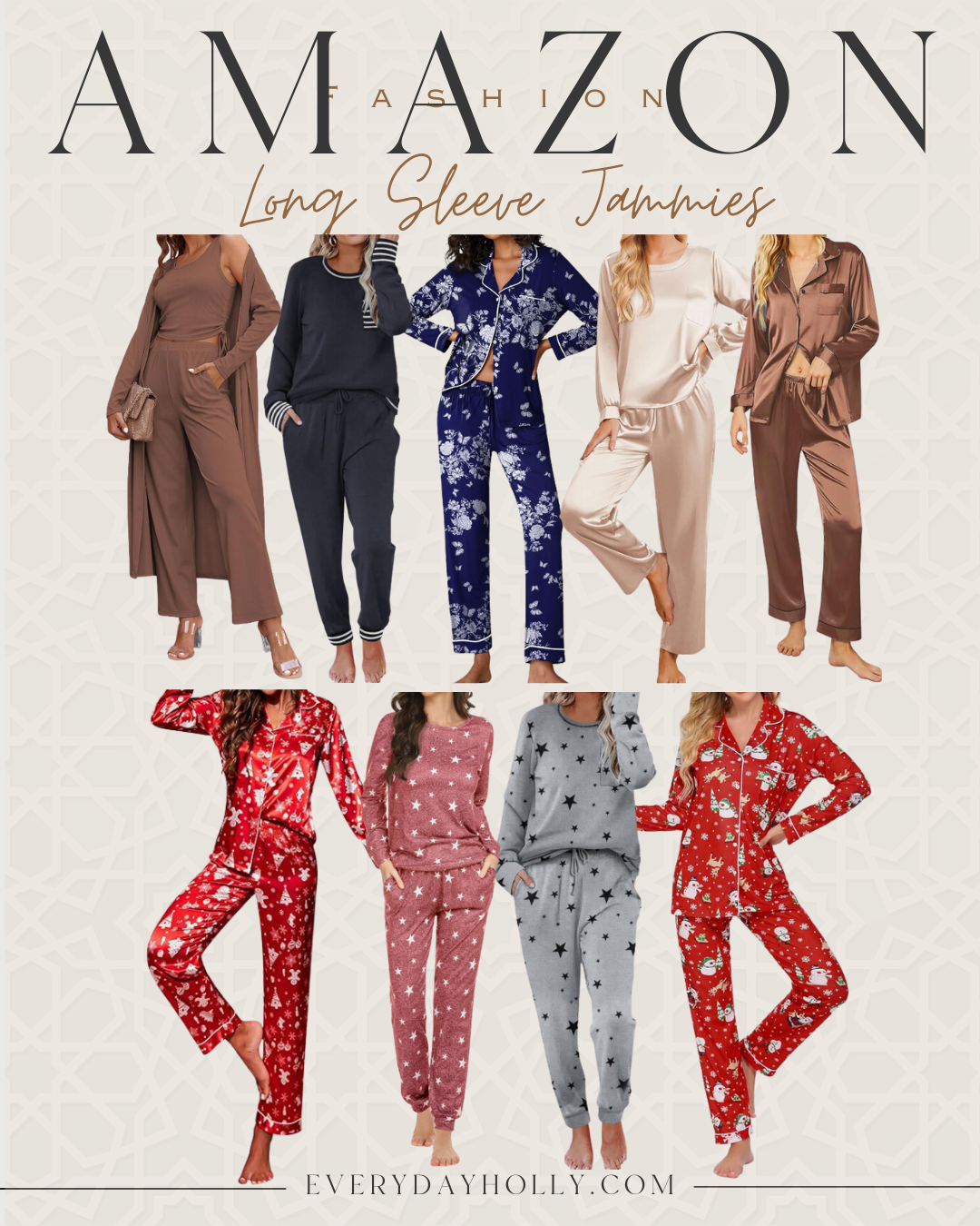 best jammies and loungewear amazon favorites | jammies, pajama sets, pajamas, loungewear, amazon, long sleeve jammies, matching sets, neutral, patterned jammies, satin jammies, silk jammies, holiday pajama