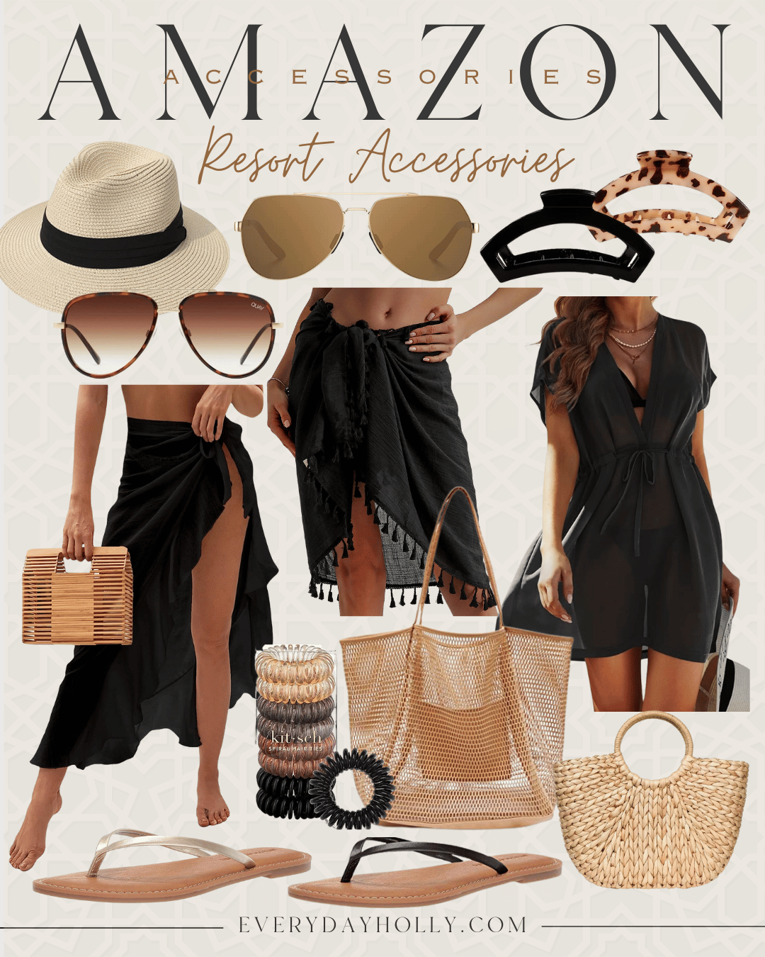 the ultimate guide to resort style swimwear, dresses, accessories, and more | guide, resort, resort style, vacation, spring break, beach, resort accessories, accessories, sun hat, sunglasses, hair clip, claw clip, cover up, sarong, mesh tote, beach tote, hair ties