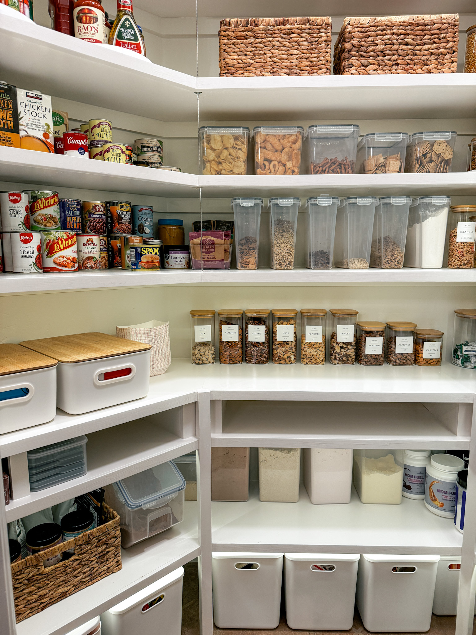 unlocking pantry perfection: insider look into a clutter-free kitchen | pantry, pantry organization, clutter-free, kitchen, basket, food storage, cereal, snacks, white storage, BPA free