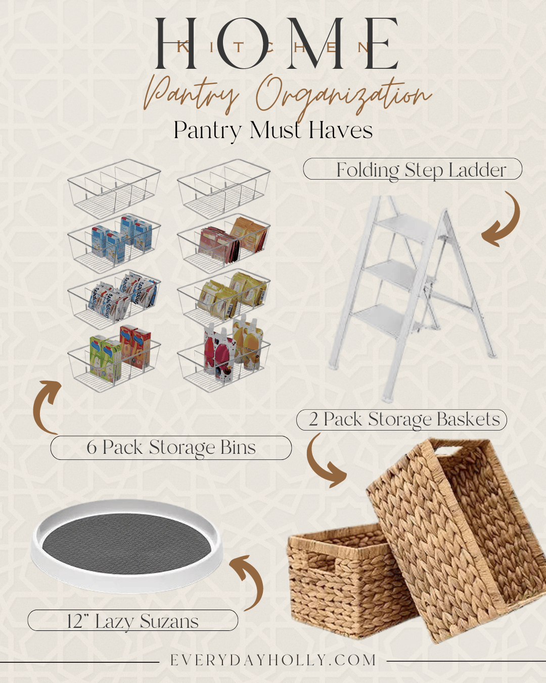 unlocking pantry perfection: insider look into a clutter-free kitchen | pantry, pantry organization, clutter-free, kitchen, pantry, pantry find, clear organizers, folding ladder, step ladder, lazy susan, storage basket, basket, basket with handles