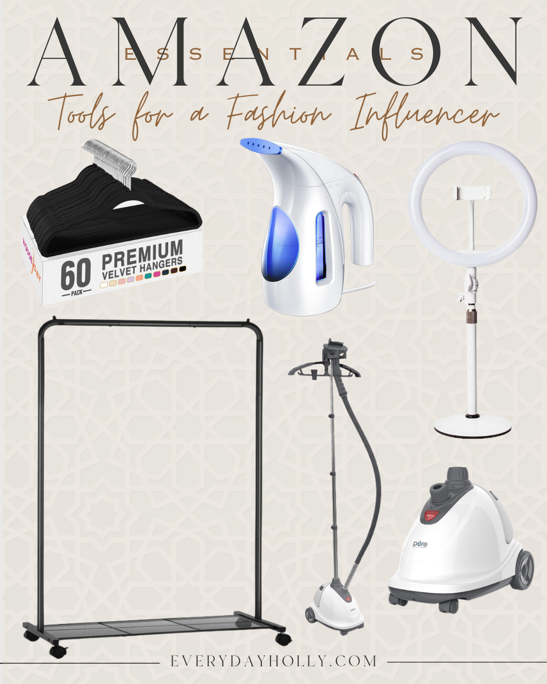 step by step guide to becoming a successful influencer | how to guide,
fashion influencer, influencer, garment rack, steamer, garment steamer, hangers, ring light, lighting, tripod, camera, successful