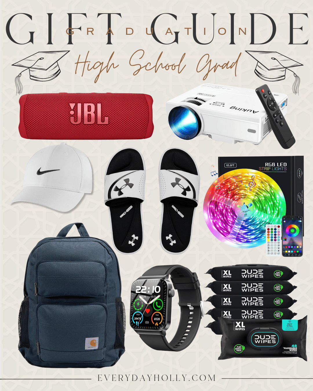 45 gift ideas for the graduate in your life | gift guide, gift ideas, graduation gift, graduate, high school grad, college grad, speaker, room decor, LED light strip, slides, backpack, Carhartt, Nike, smart watch, gifts for him, gifts for teen boy