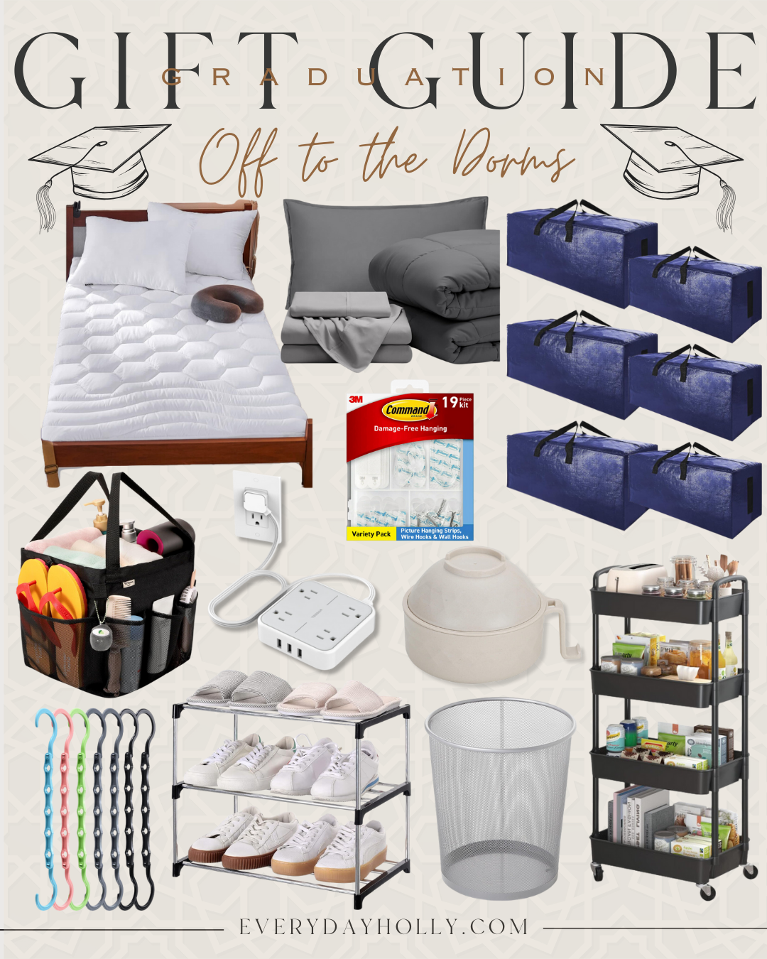 45 gift ideas for the graduate in your life | gift guide, gift ideas, graduation gift, graduate, high school grad, college grad, off to the dorms, college dorm essentials, bedding, space saver, organization, shower caddy, gifts for teen, freshman