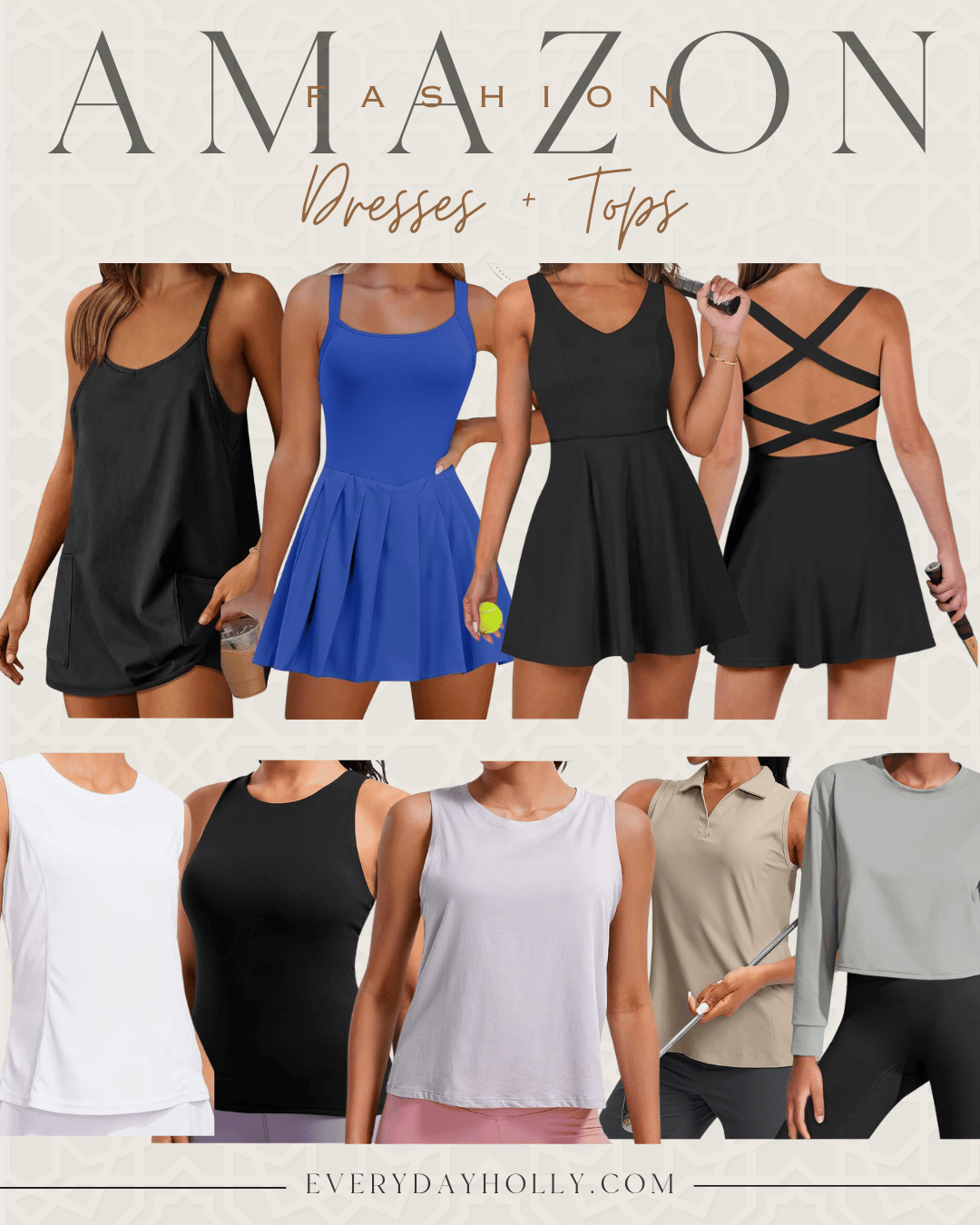 new and trending activewear + athleisure styles amazon | activewear, athleisure, workout clothes, gym outfit, gym clothes, amazon fashion, mini dress, tennis dress, tank top, long sleeve tee, golf polo, high neck tank